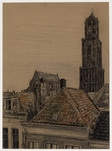 28669 Gezicht op de Domkerk en de Domtoren te Utrecht uit het noordwesten vanaf het Oudkerkhof.